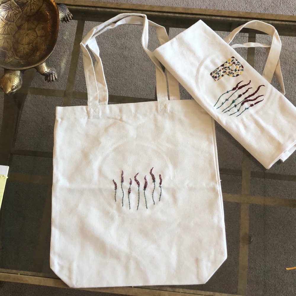 Embroidered flowers canvas tote bag
